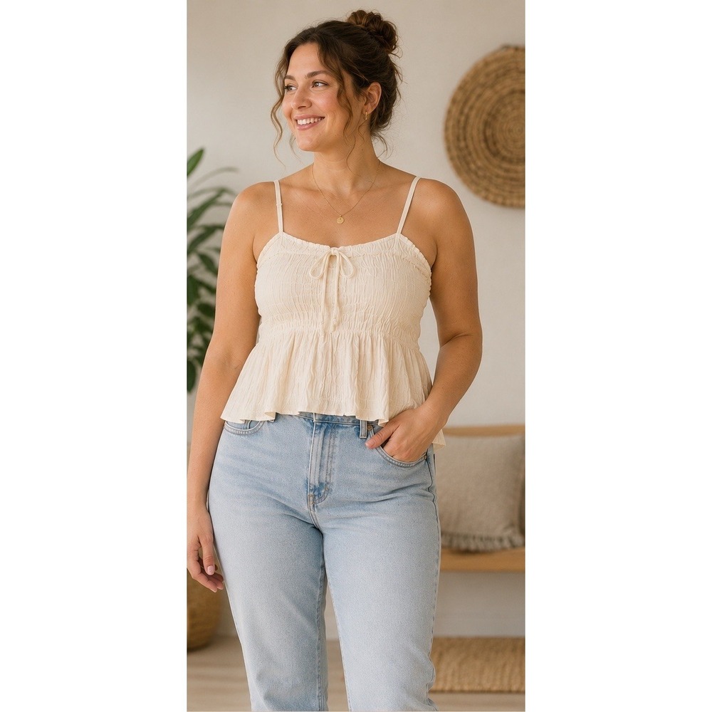 Future Collective Smocked Peplum Cami Top Cream Square Neck Tie Ruffle L